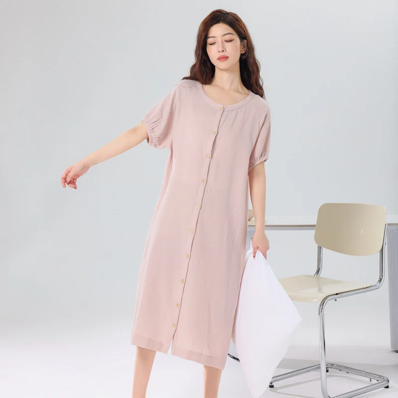 Spring Summer Women's Cardigan Nightgown Japanese Crepe Cotton Minimalist Home Wear Pajamas Lady Short Sleeves O-Neck Nightdress