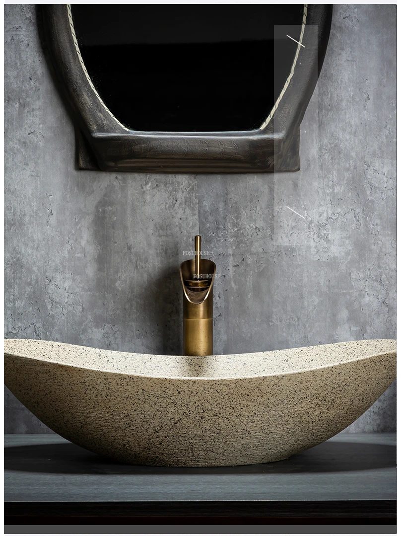 Modern Oval Bathroom Sinks Art Carved Countertop Basin Home Balcony Bathroom Washbasin Ceramic Handmade Basin Outdoor Washbasin
