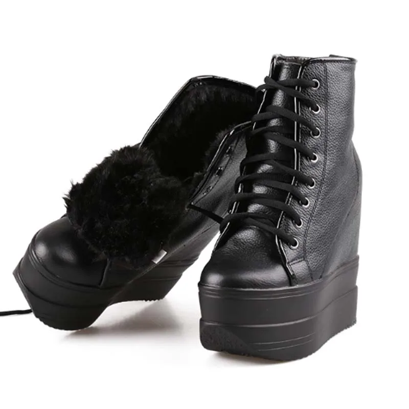 Women Sneakers Genuine Leather Winter Warm Hidden Height Increasing 12CM/14CM High Heels Wedges Pumps Platform Comfortable Shoes