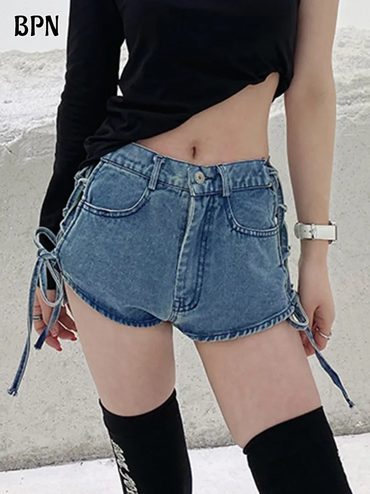 BPN Hit Color Fashion Spliced Bowknot Sexy Denim Shorts For Women High Waist Summer Patchwork Lace Up Shorts Female Clothing New