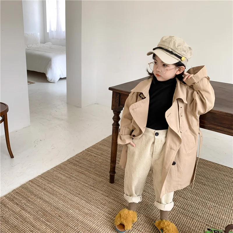 

3-11Y Children Trench Coat Autumn Boys Girls Jacket X-long Single Breasted Turn-down Collar Loose Kids Windbreaker Clothes H75