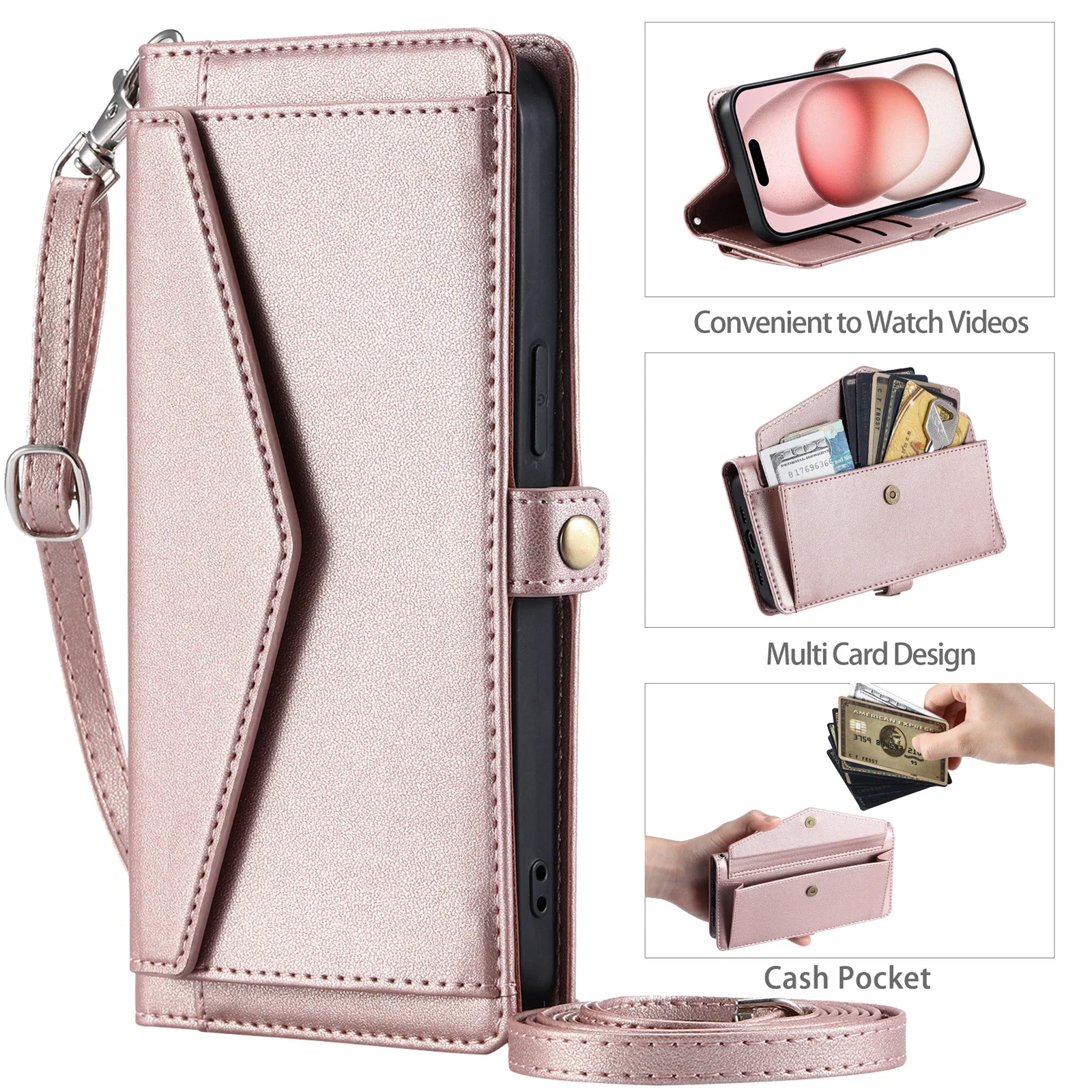 Premium Flip Leather Phone Wallet with Long Lanyard - Card Holder Case Cover
