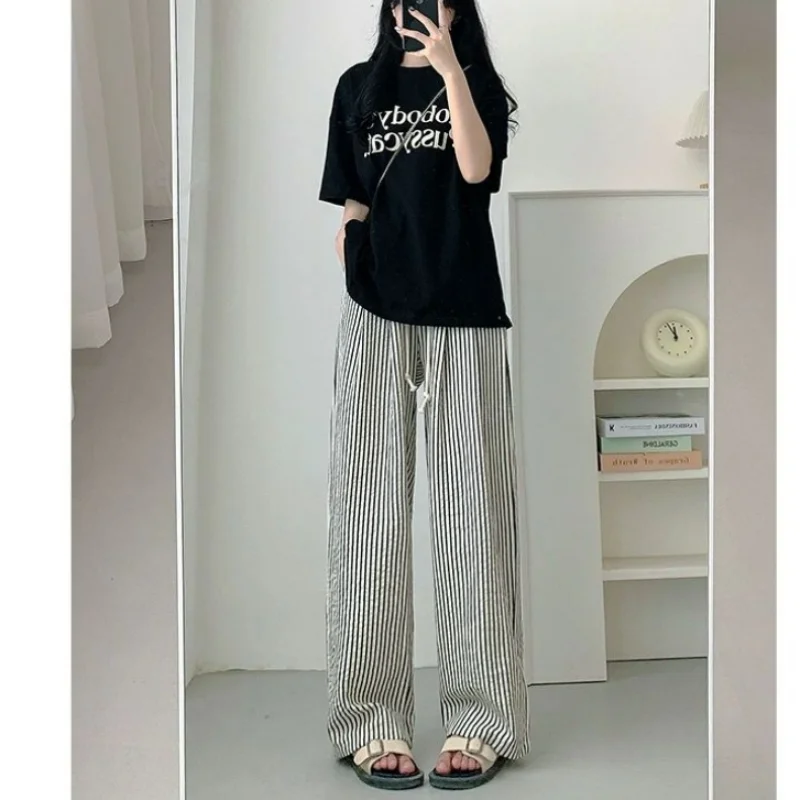 American Vintage Trendy Vertical Stripe Wide Leg Pants Women Summer Elastic High Waist Drawstring Pocket Loose Straight Trousers