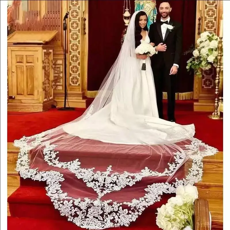 Luxury Bridal Veils 3M 1L Long Veil Lace Applique Cathedral Length Wedding Tulle Veils Free Comb wedding veil two tier elbow veils lace applique edge
