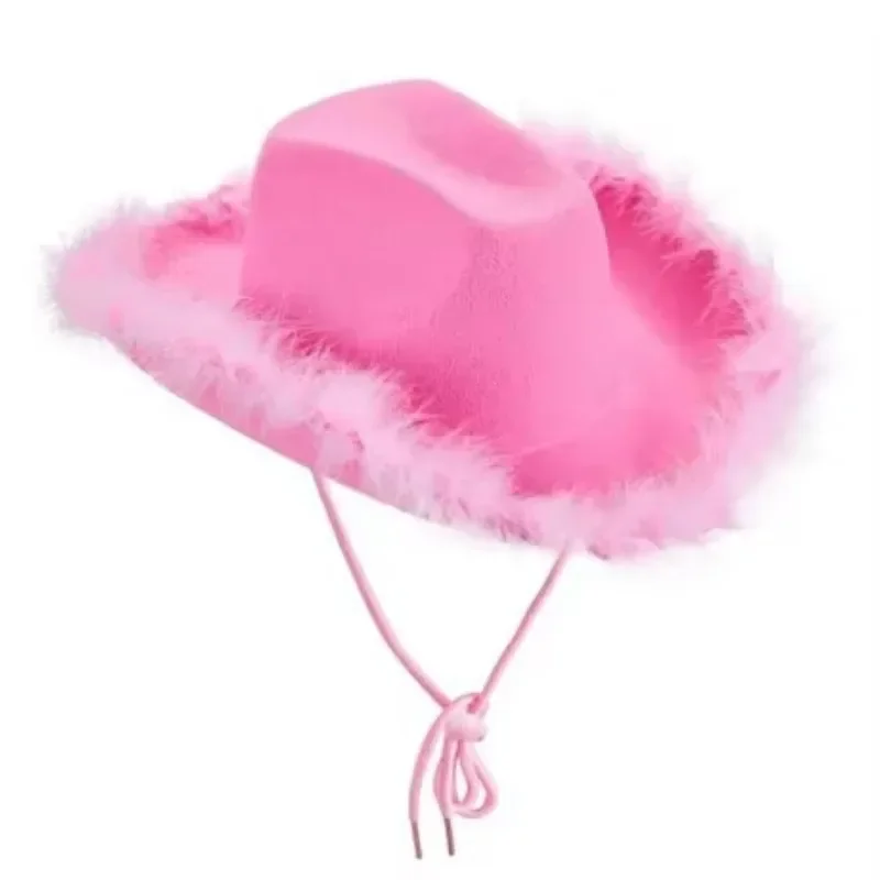 Women Pink West Cowgirl Hat Girls Tiara Feather Felt Western Sequin Cowboy Cap Costume Party Dress Jazz Caps Cosplay Props