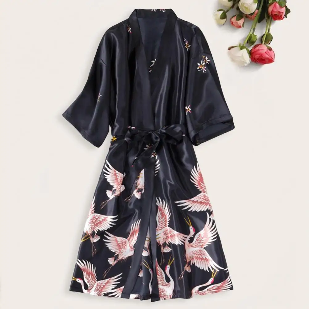 

Casual Sleepwear Elegant Bird Print Satin Lace-up V Neck Bathrobe for Women Soft Cardigan Nightgown Morning Dressing Gown