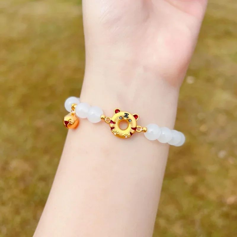 

New Old Sandalwood Zodiac Tiger Bracelet for Women Chinese Style Gold Bell Pendant Beaded Bracelet Jewelry Girlfriends Gifts