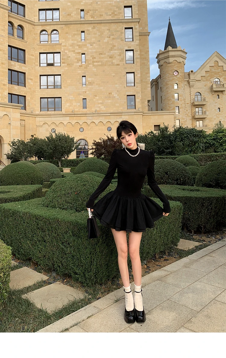 Elegant Solid Knitted Dress Women Long Sleeve Half High Collar A-line Mini Dresses Autumn Winter Birthday Party Vestidos Trend