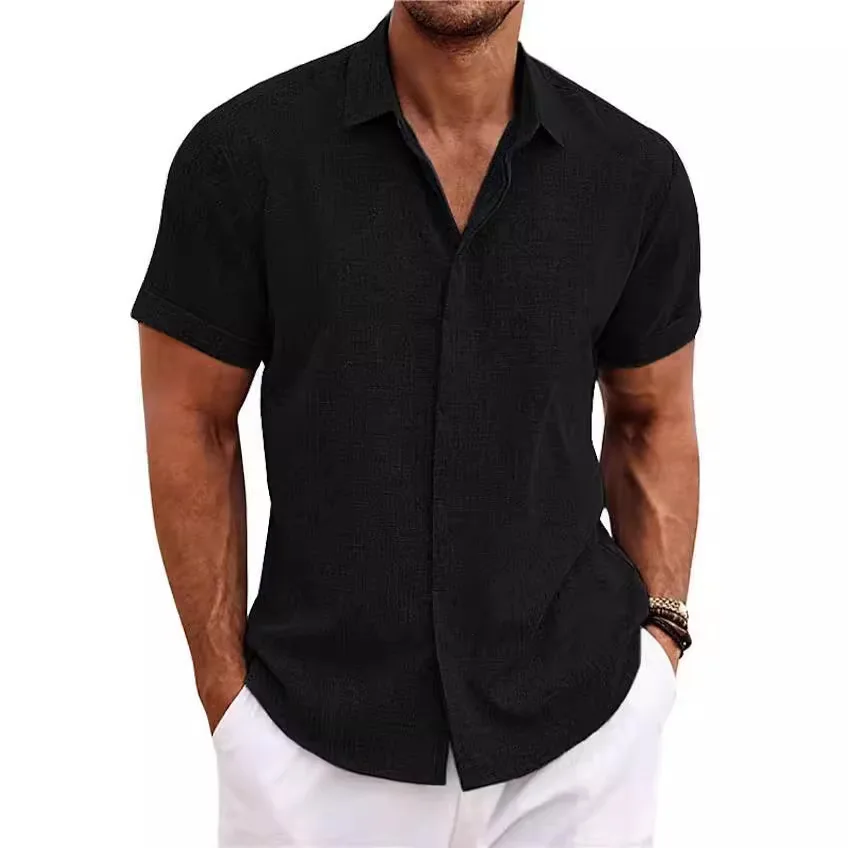 Mens Linen Short Sleeve Shirt Solid Color Cotton Linen Loose Fit Beach Top Casual Summer Tee 6
