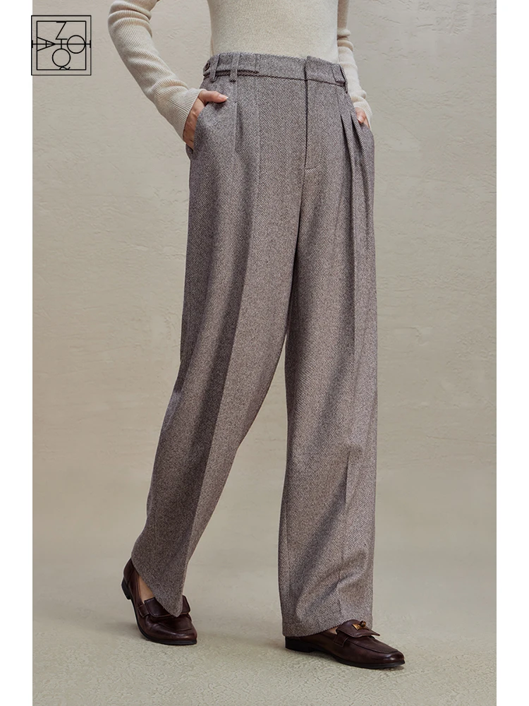 

ZIQIAO Commuter Style High-waist Slim Casual Pants for Women 2023 Winter Straight Wide-leg Pants Floor-length Trousers Female