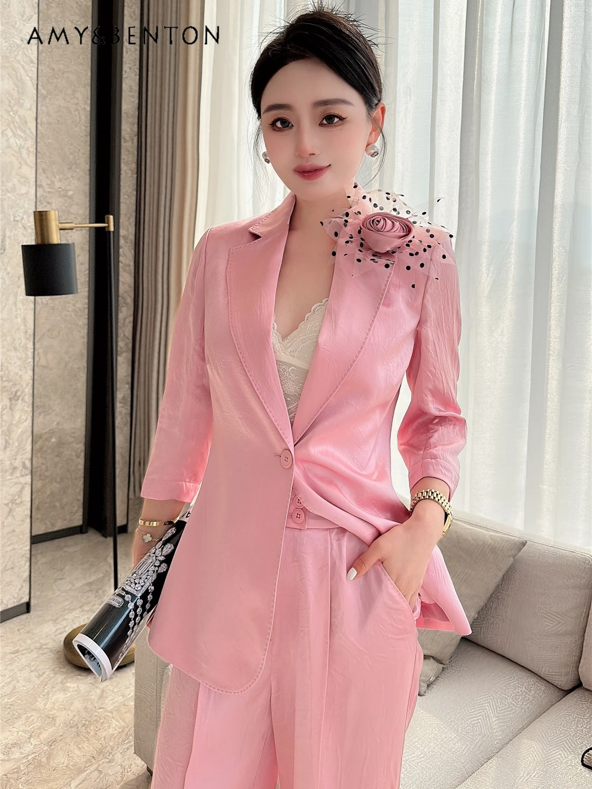 Summer Socialite Temperament Suit High-Grade Acetate Slim Suit Jacket Wide-Leg Pants Office Lady Two Piece Sets Womens Outifits