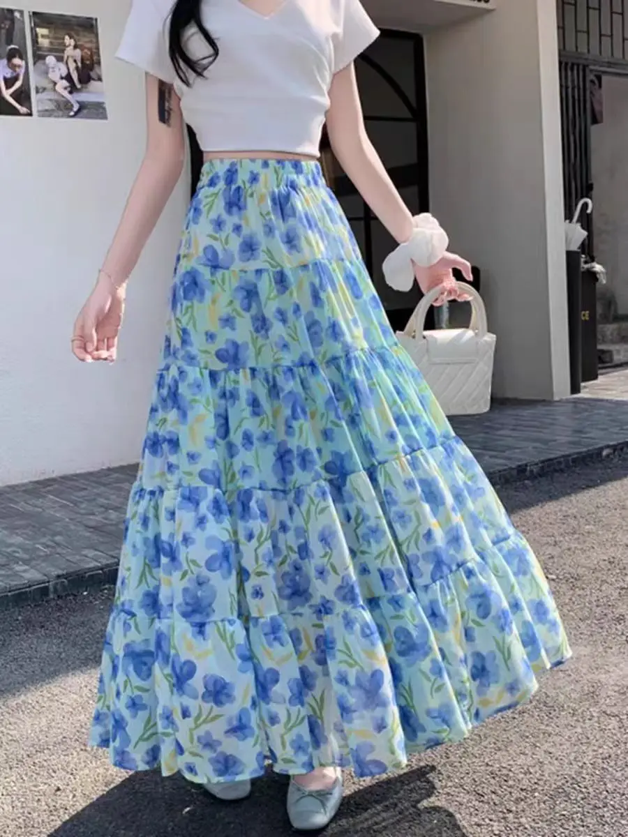 2025 Summer New Floral Chiffon Skirt: Elegant A-Line High Waist