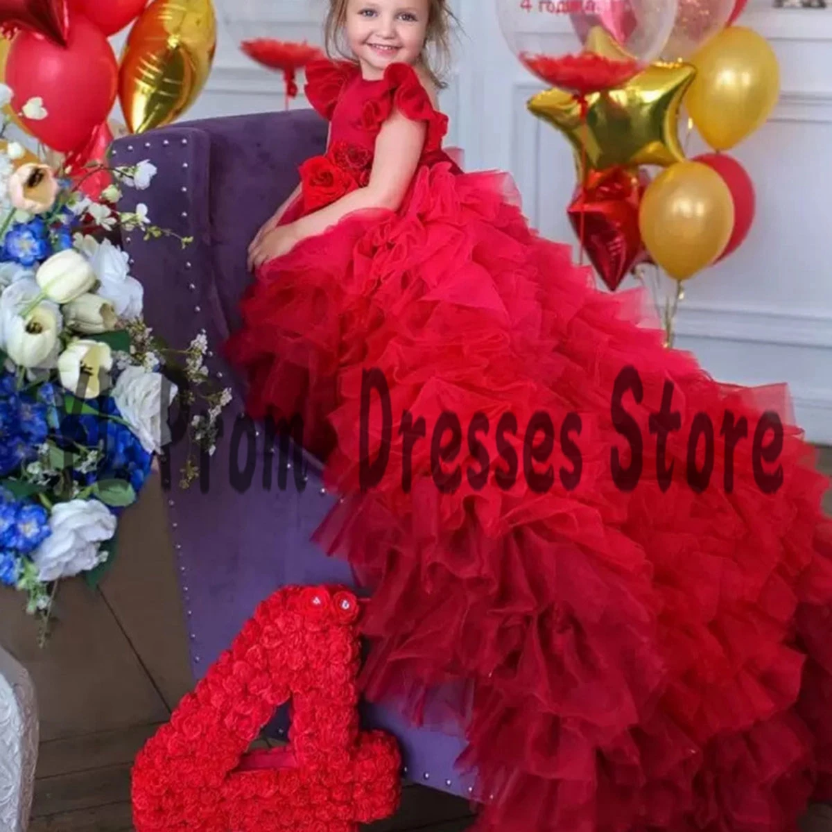 

YL Red Tiered Tulle Flower Girl Dresses With Long Ruched Train Princess Kids Birthday Dress Fashion Puffy Childern Prom Gowns
