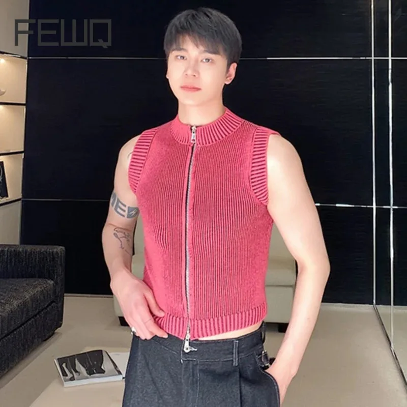 

FEWQ Male Knit Vest Casual Stand Collar Zipper Solid Color Men Knitting Sleeveless Top Elasticity 2024 spring New Stylish 9C4960