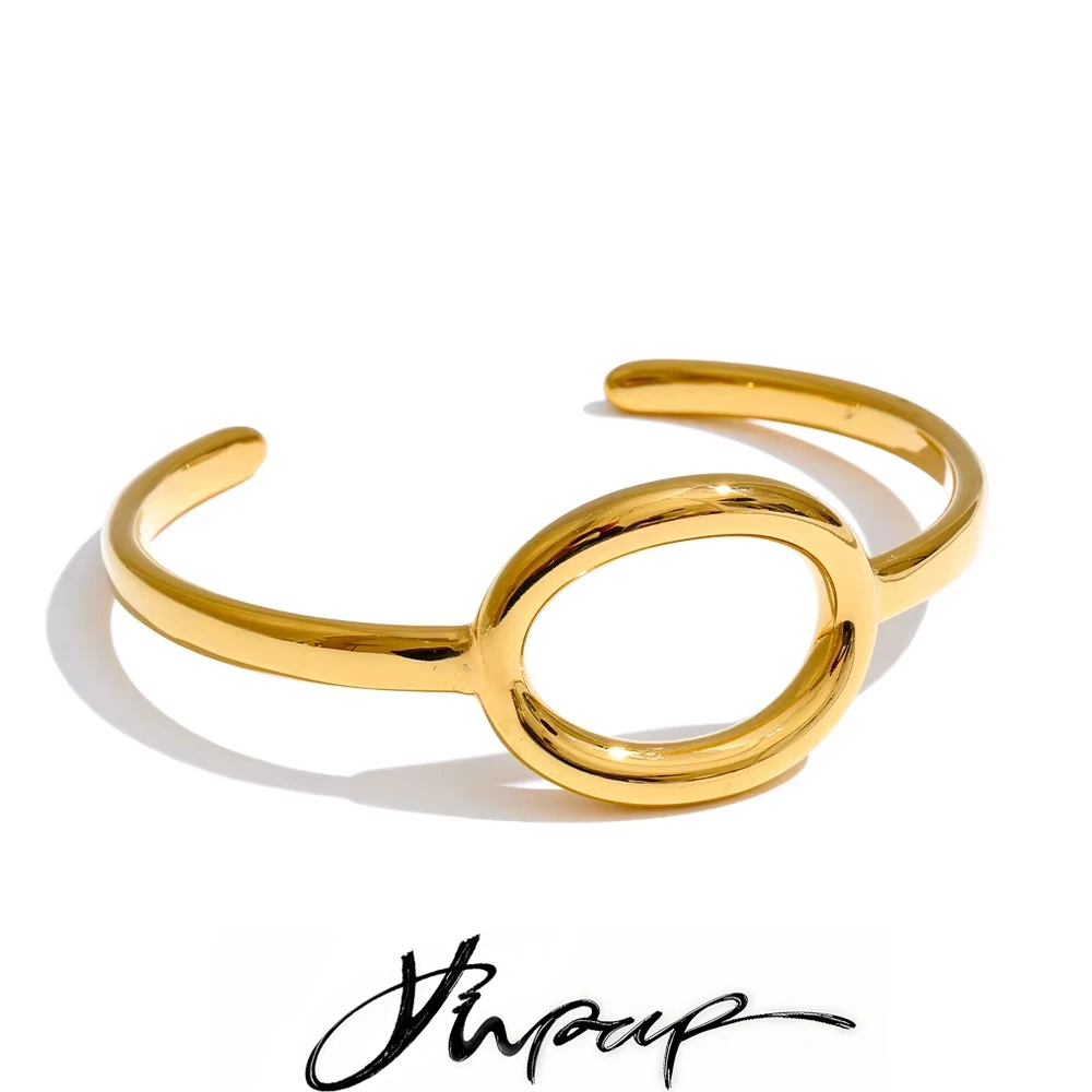 Yhpup Stainless Steel Oval Hollow Cuff Bracelet
