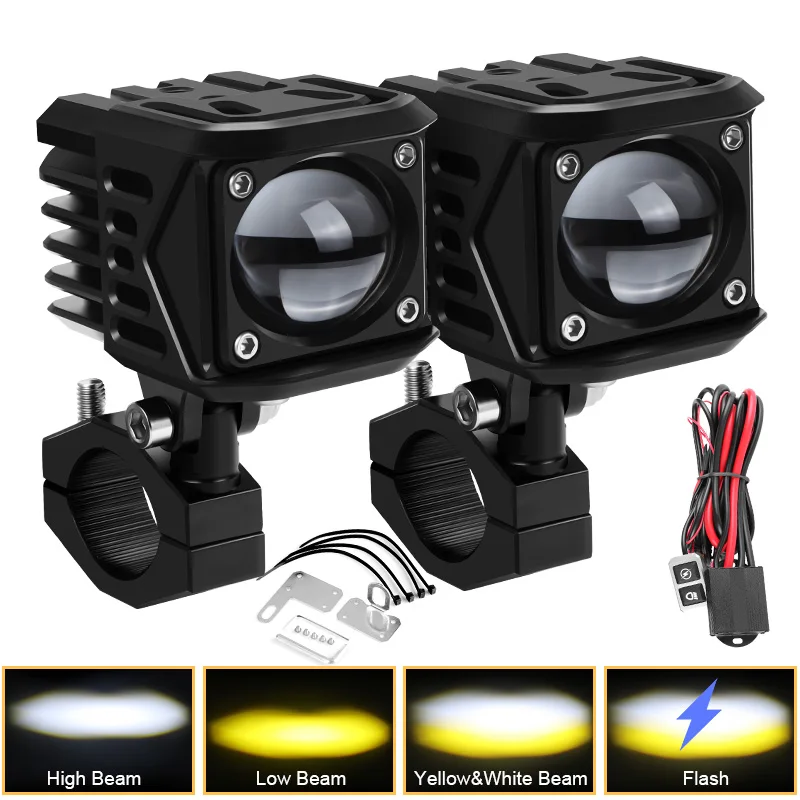 

CNC Motorcycle LED Spotlight White Yellow Dual Color Auxiliary Headlight 6000K 3000K Fog Light Driving Lamp With Relay Switch