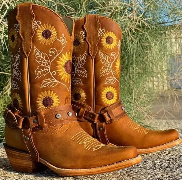 

Женские ковбойские ботинки с вышивкой, осенние ботинки в стиле ретро