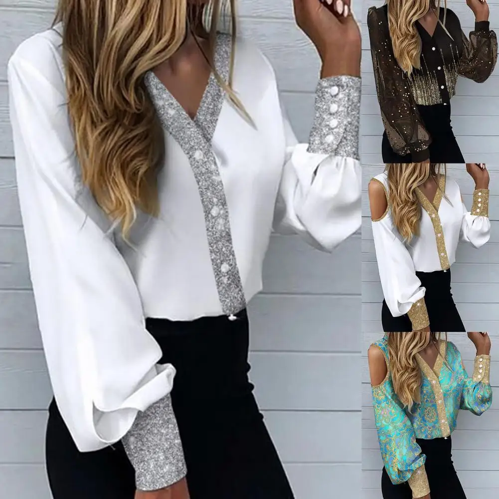 Retro Design V-Neck Single Breasted Lantern Sleeve Office Shirt Patchwork Color Shining Sequins Edge Women Shirt Workwear