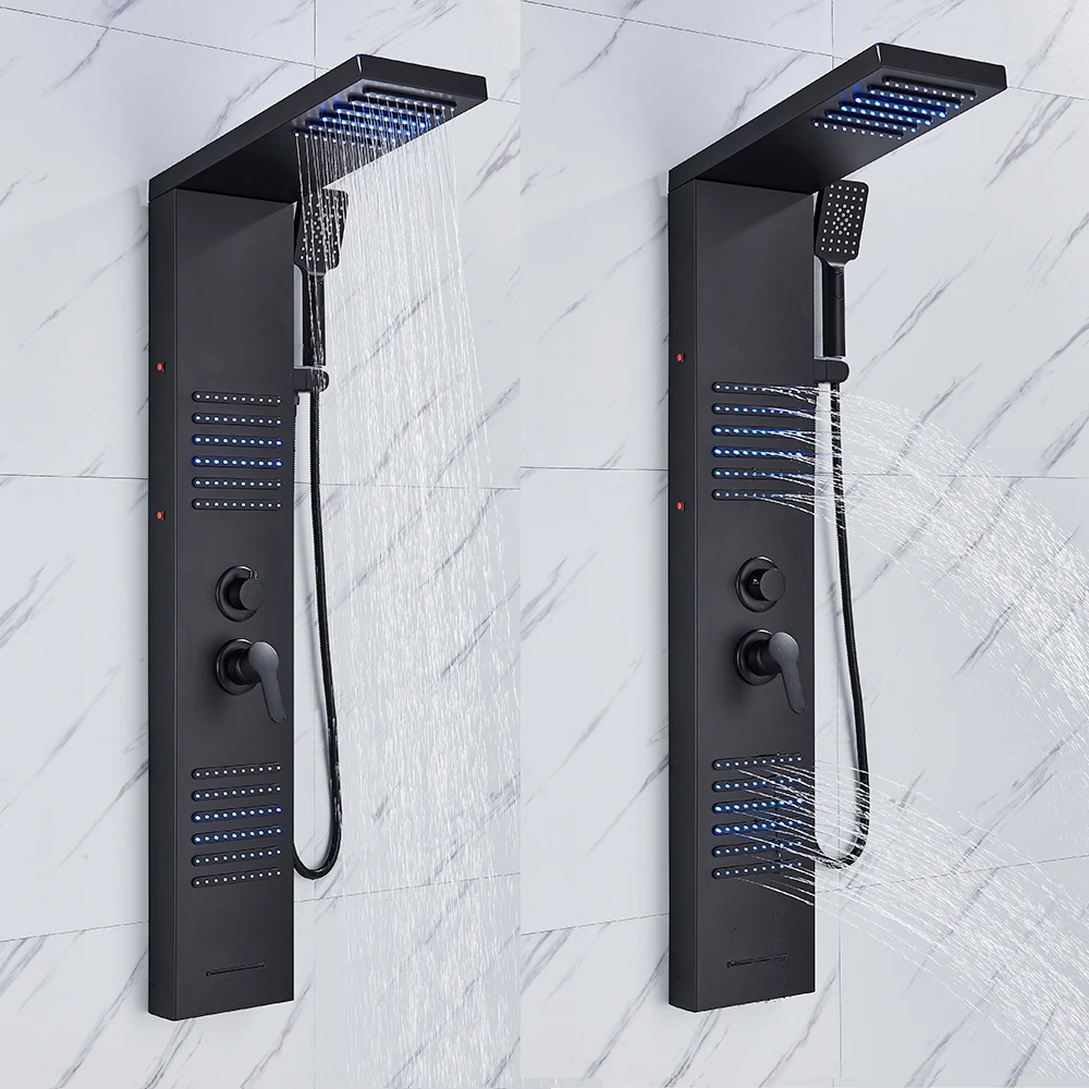 Matte Black LED Shower Panel Waterfall Rain Shower Faucet Set SPA Massage Jet Bath Column