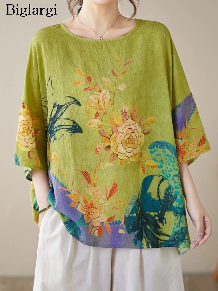 

Oversized Summer Pullover T-Shirts Tops Women Flower Floral Fashion Loose Pleated Ladies Blouses Short Sleeve Casual Woman Tops