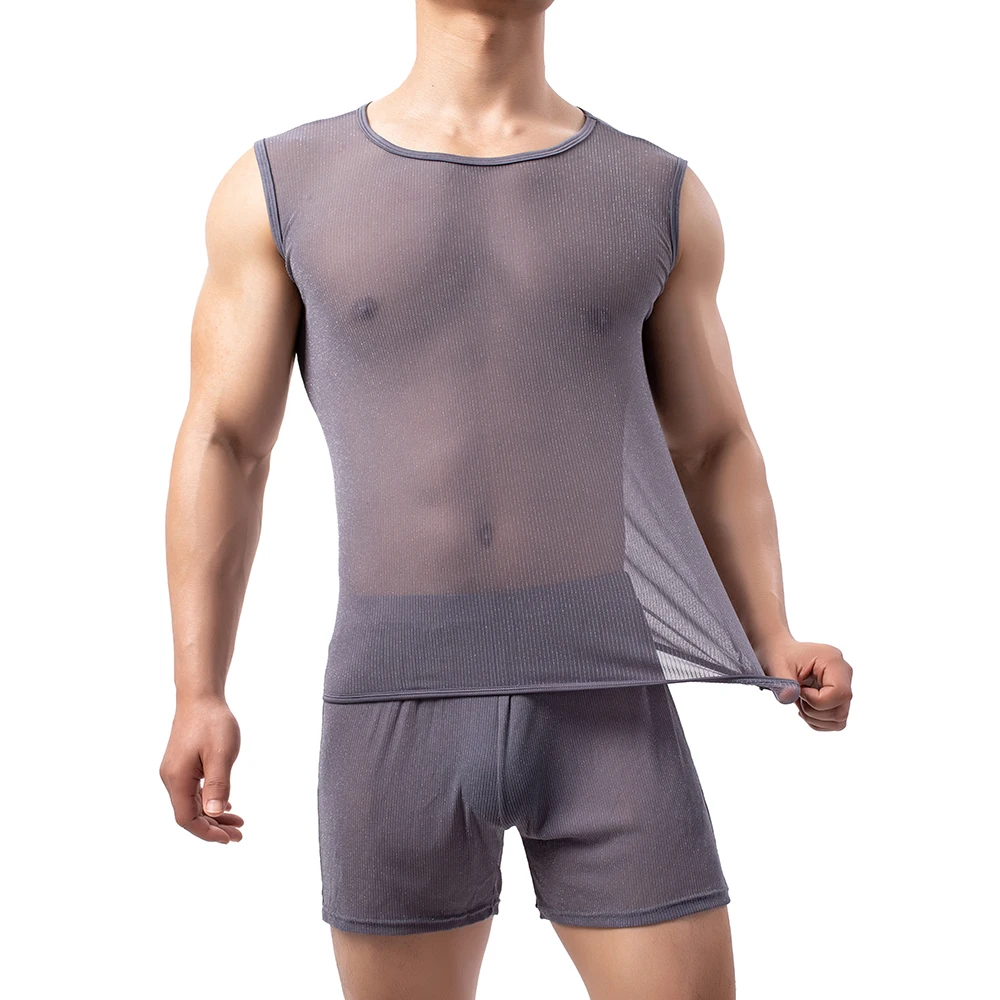 

Sexy Men Undershirts Boxer Shorts Pants Mesh See Through Bling Sleeveless Tank Tops Trunks Sleepwear Nightwear Singlet Shirts