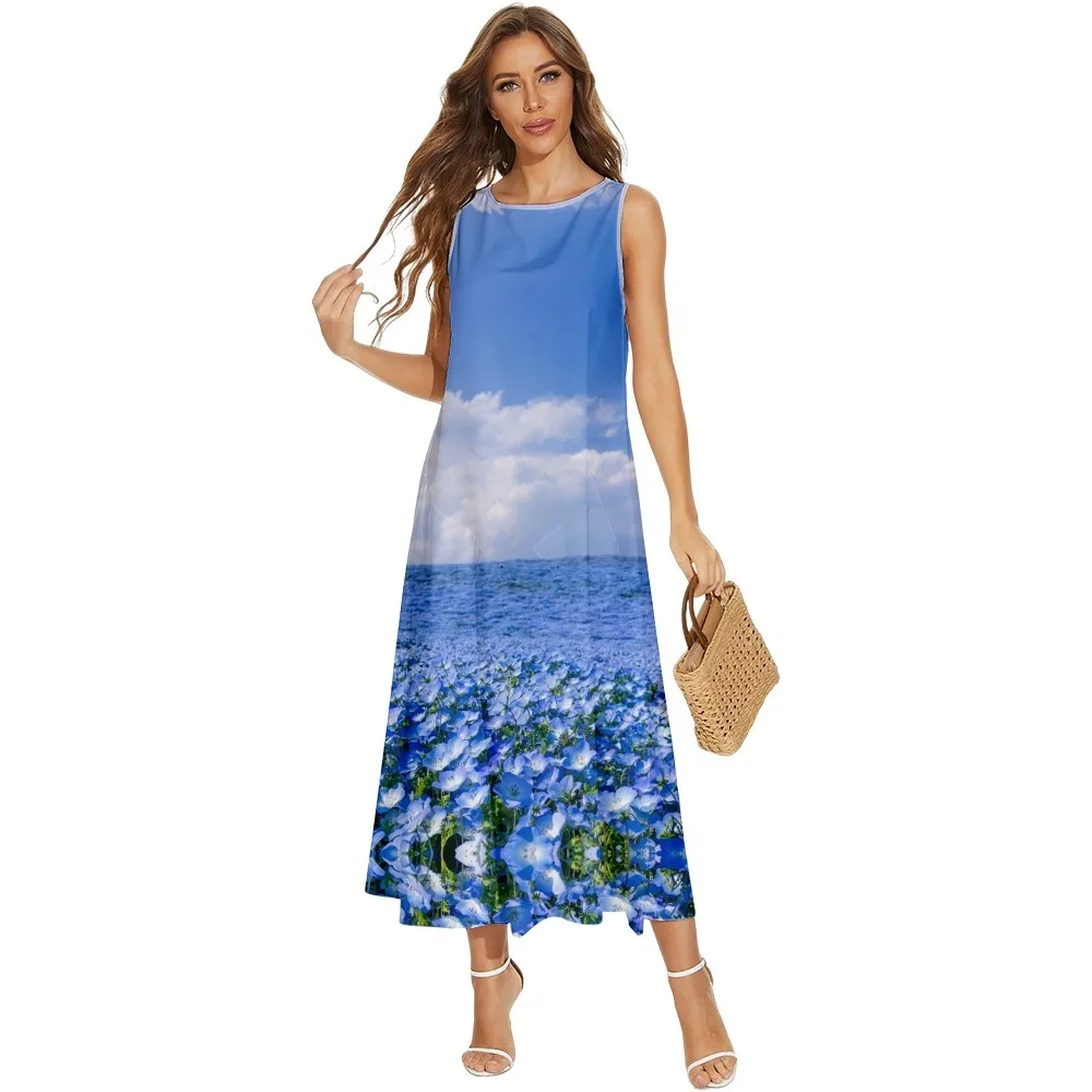 

Платье женское пляжное длинное с цветочным принтом, модная повседневная одежда без рукавов, с карманами, праздничное платье, весна-лето