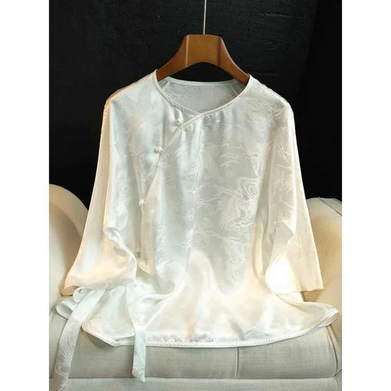 

2022 New Arrival Summer Arts Style Women Casual Loose O-neck Three Quarter Sleeve Blouse Vintage Jacquard Weave Shirts P378