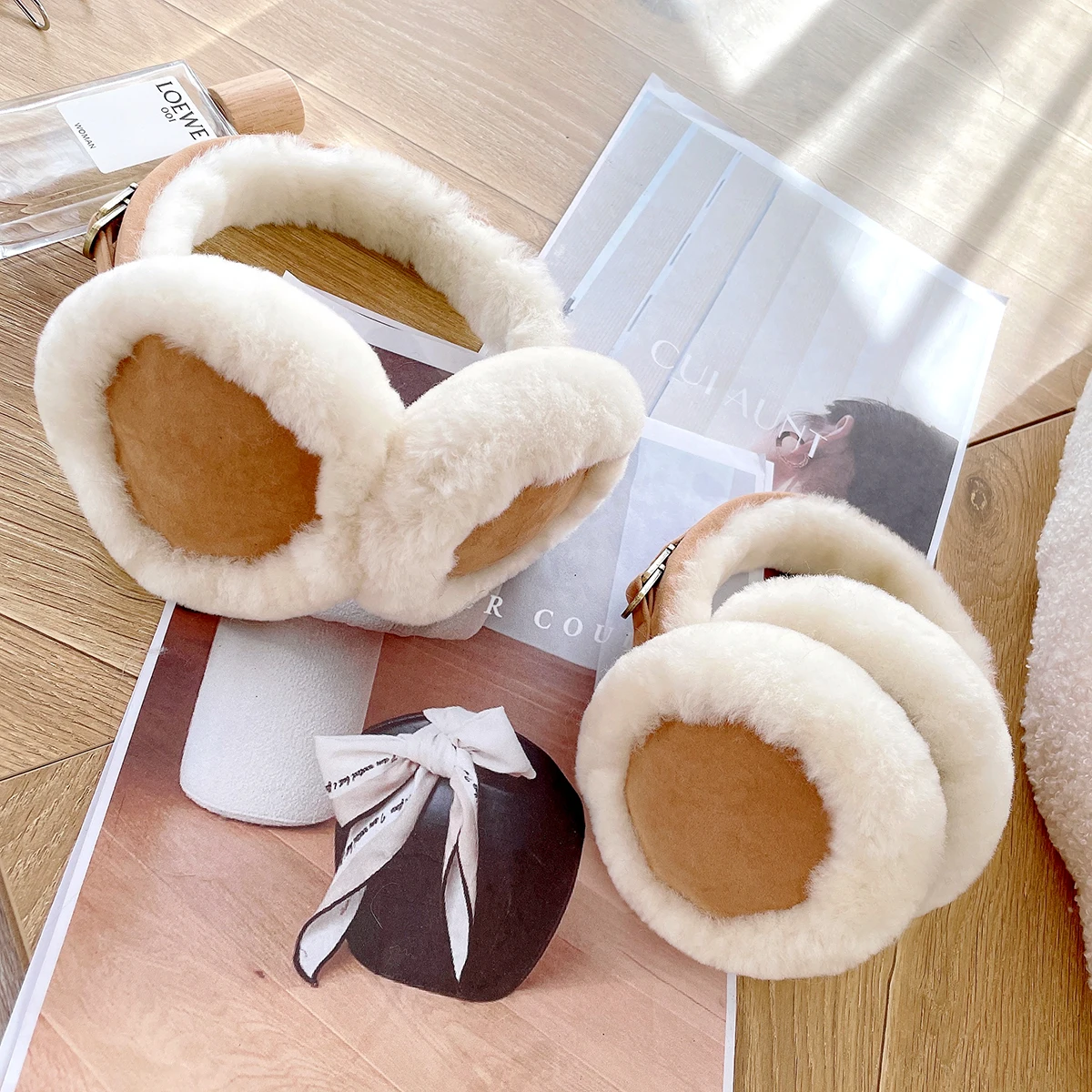 Natural Wool Ear Warmer Winter Sheepskin Ear Muffs for Women Soft Warm Solid Earflap Outdoor Cold Protection