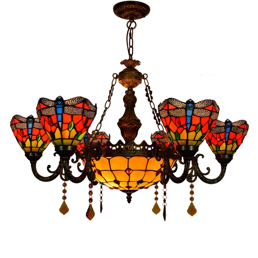 

32 " Stained glass 6 Heads Chandelier Red Dragonfly Colorful Glass Shades Inverted Ceiling Pendant Lamp For Lobby Living