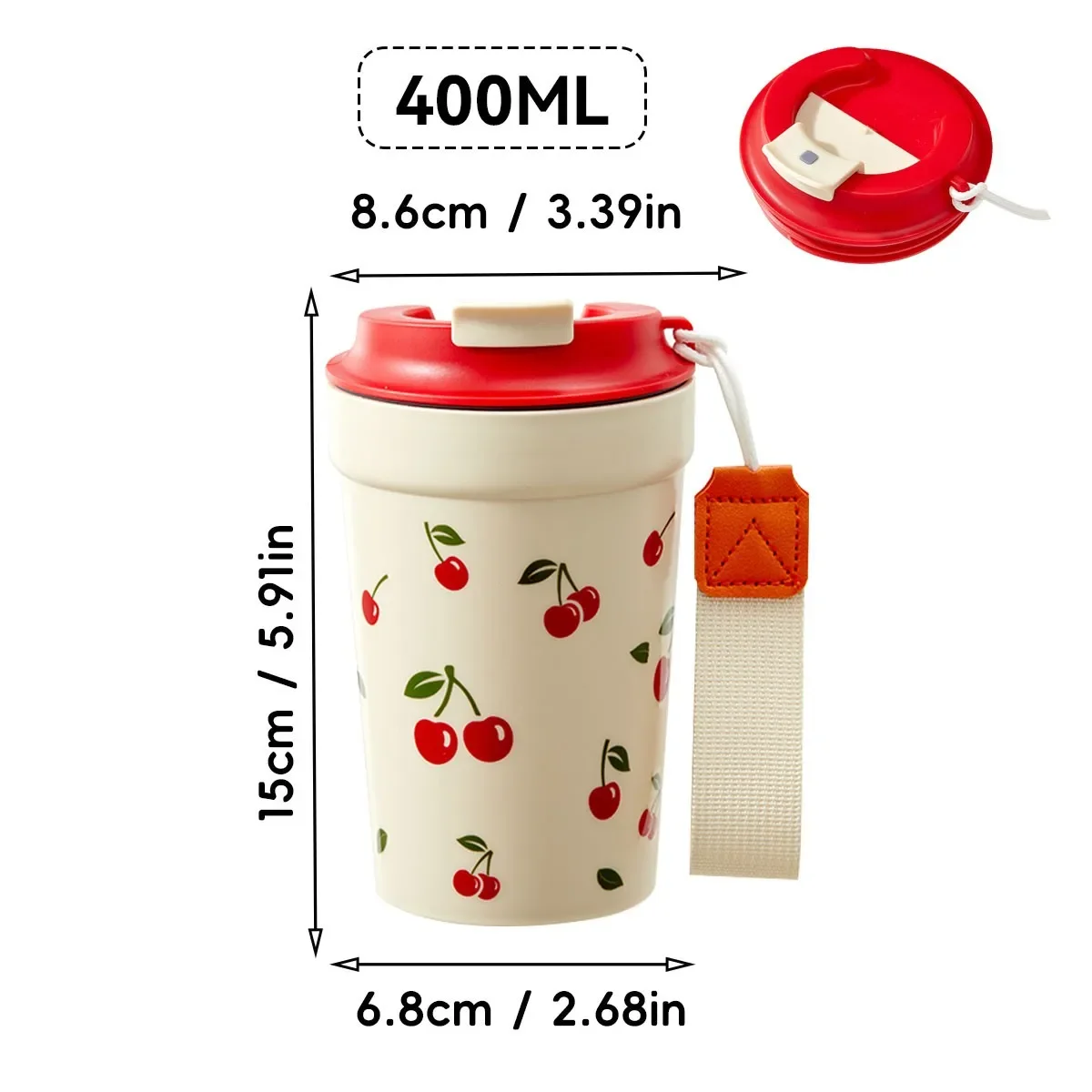 Cherry Pattern Reusable Water Bottle with Rope Handle - 350/400ml Capacity
