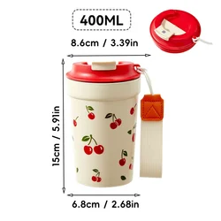 Cherry Pattern Reusable Water Bottle with Rope Handle - 350/400ml Capacity - 301 - 400ml (400ml)