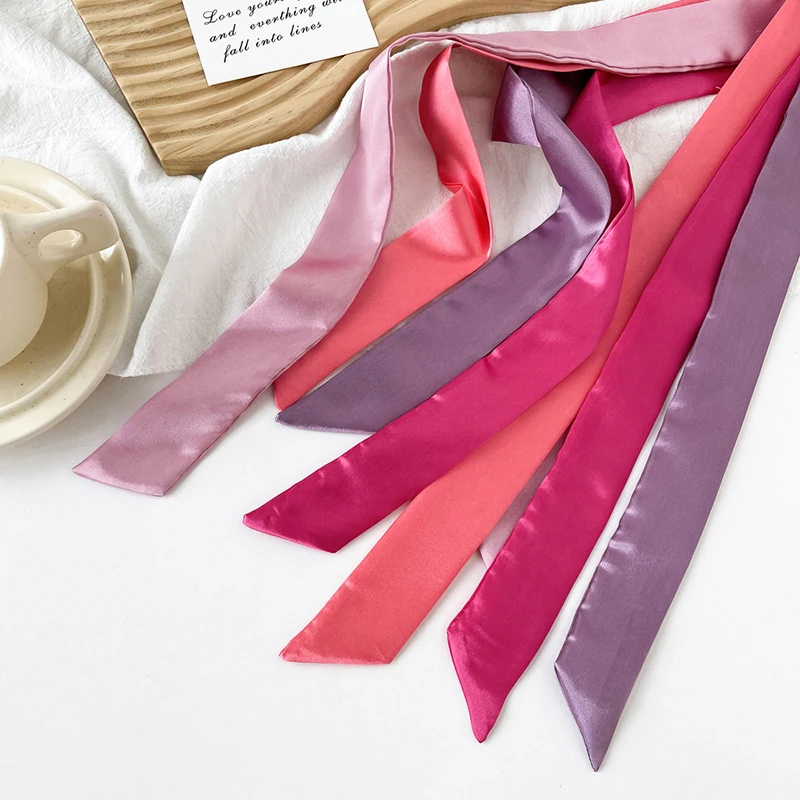 4 x 100 cm schmaler Schal aus Satin-Seide, Halstuch, solide Halstücher, langer dünner Seidenschal, Krawatte, schwarzes Taschenband, Stirnbänder, Halsband – Detail 12