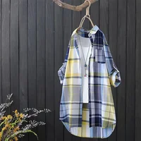 Plaid Cotton Mid Length Blouses Women 2023 Autumn  Long Sleeve Elegant Casual Shirt Korean Fashion New Loose Button Blouses - Image 3