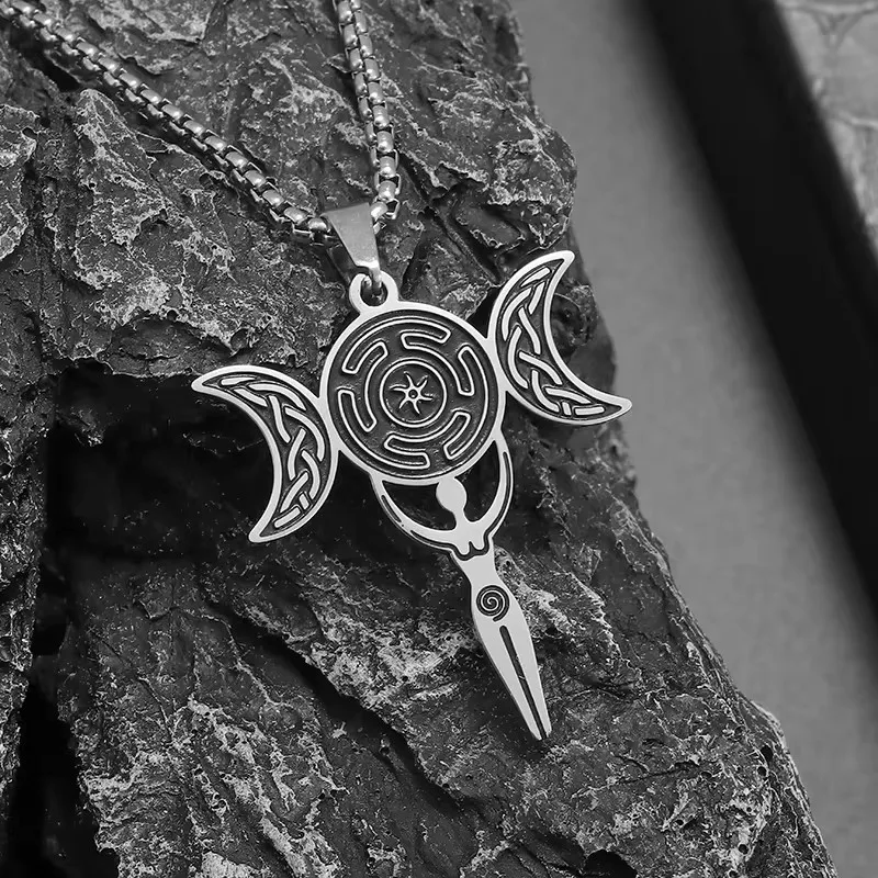 Hecate Triple Moon Goddess Necklace - Stainless Steel Wheel Of Hecate Pendant, Wiccan Pagan Jewelry For Men & Women