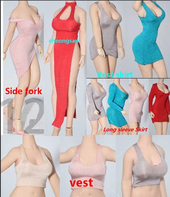 1/12 Female Soldier Shirt Long Sleeve Tight Dress Stretch Smooth Tight Long Sleeves Skirt  Fit 6\'\' Action Figure Model