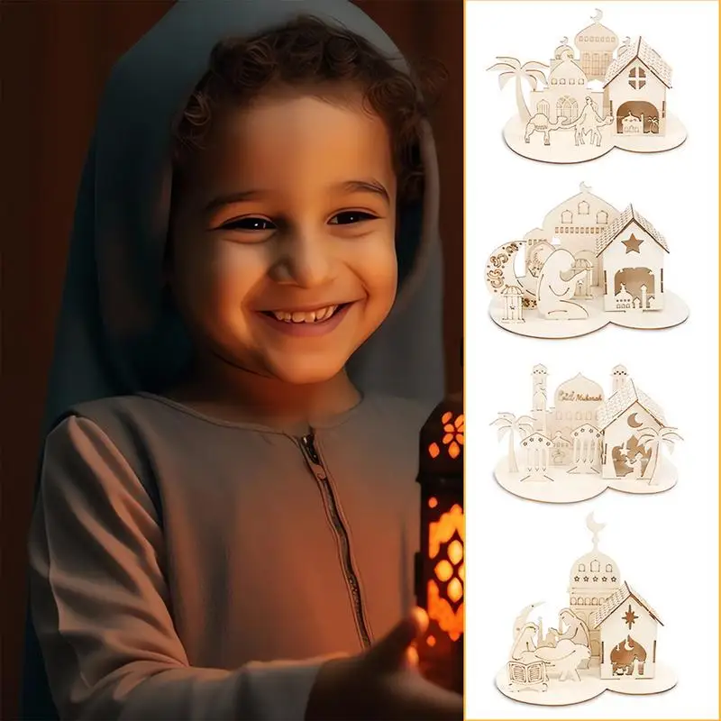 Eid Palace Puzzle Natural Wood DIY Eid Craft Wooden Eid Palace Puzzle With Eid Elements For Children Friends Family Coworkers 100pcs wooden photo paper peg pin wood ladybug craft paper craft clips picture holder clips clothespins for paper photo display