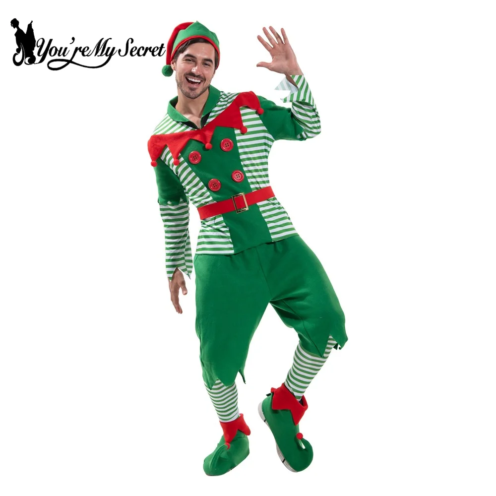 You're My Secret Christmas Santa Claus Costume Green Elf Cosplay Family Carnival Party New Year Fancy Dress Clothes Set For Men