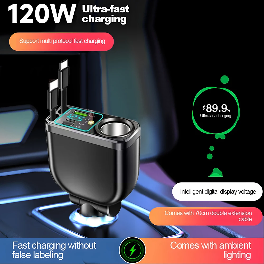 120W 5-in-1 Einziehbares Auto-Handy-Ladegerät PD USB Schnellladung mit LED-Digital-Voltmeter Dach-Sternenhimmel-Lampe 90W Zigarettenanzünder – Detail 2
