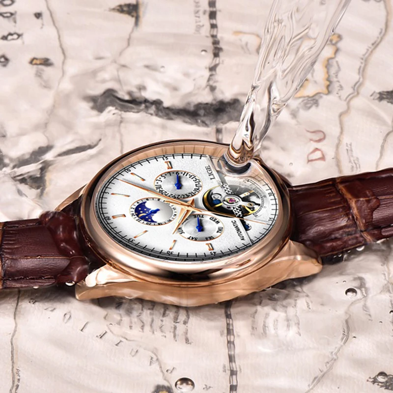 Mechanical Watch Diver Watch Mens Automatic Mechanical Watch Leather Waterproof Watch Week Clock+Box