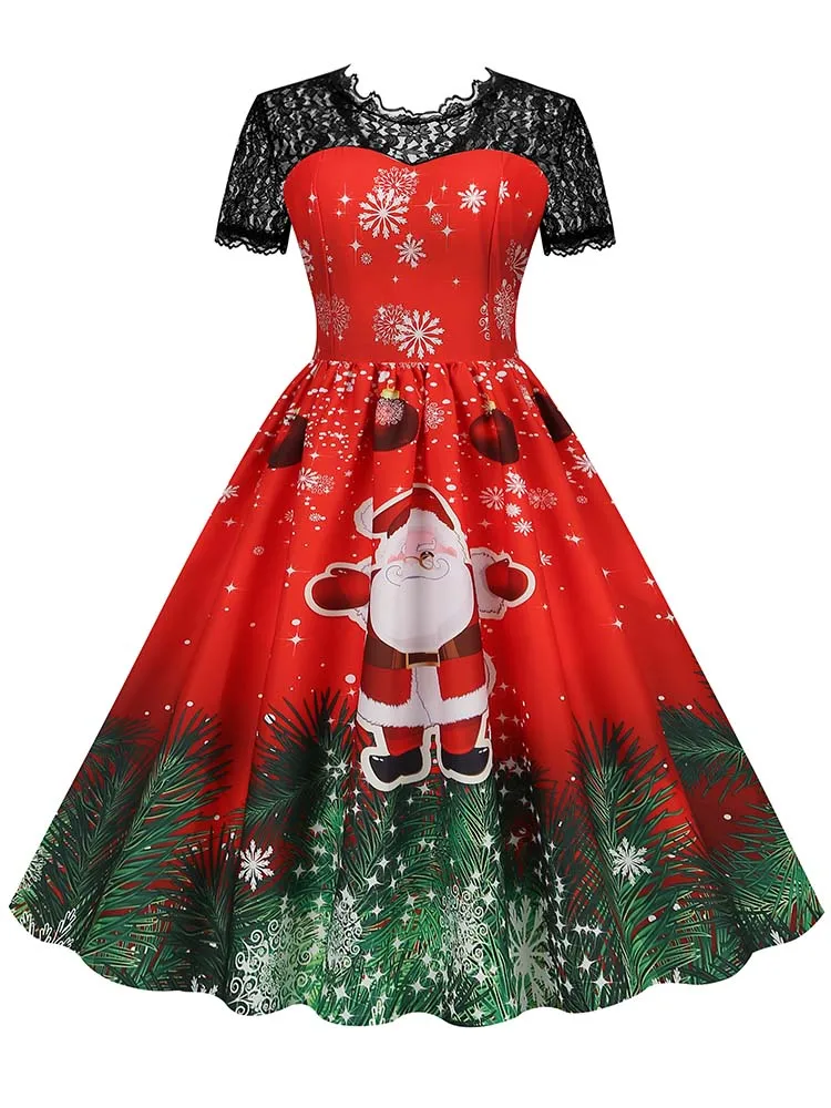 Weihnachts kostüm Party kleid Frauen Kurzarm Spitze Vintage Robe elegante Weihnachten Abendkleid ung – Detail 9