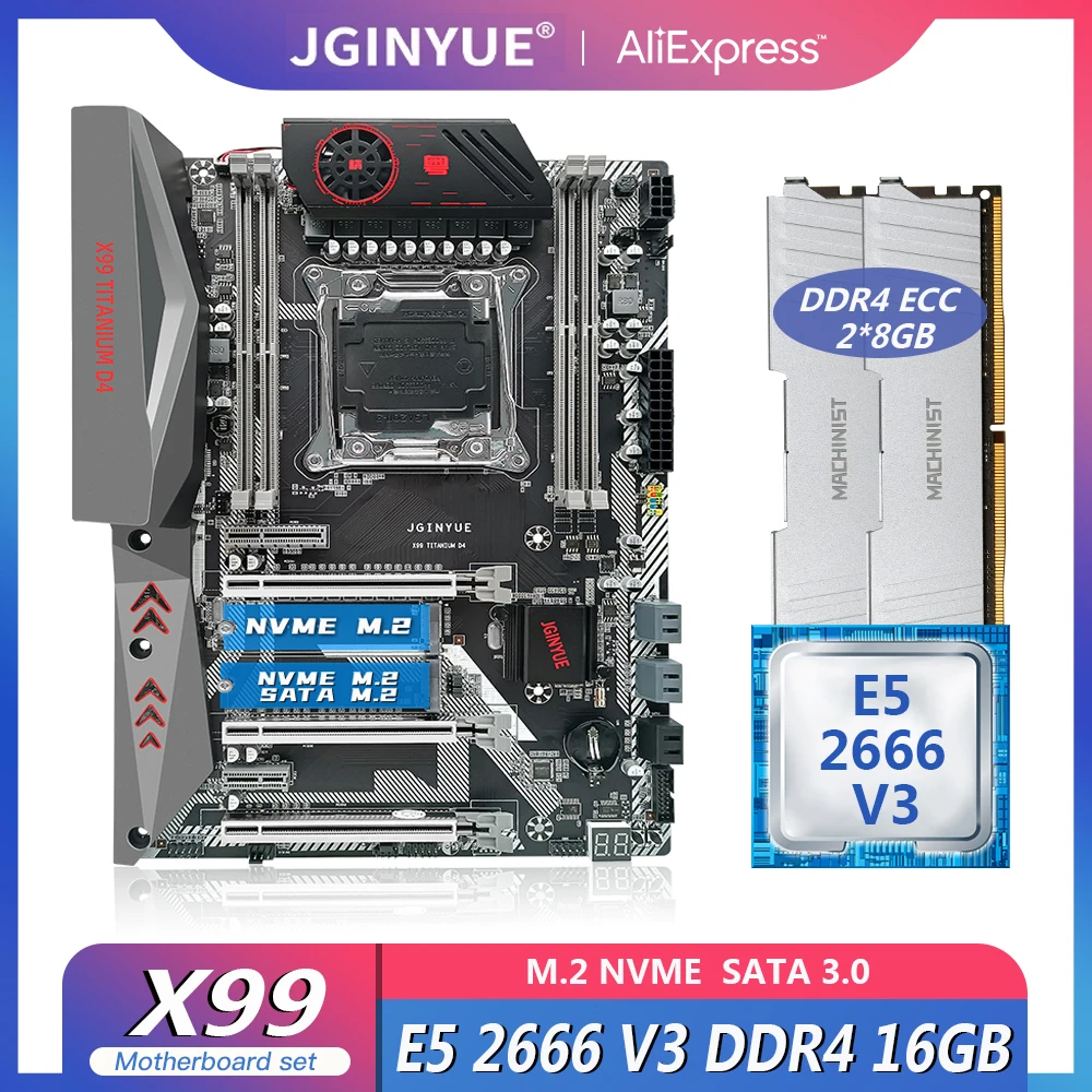 JINGYUE X99 материнская плата LGA 2011-3 комплект с процессором E5 2666 V3 CPU 16G(2*8) DDR4 ECC RAM
