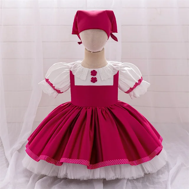 2PCS Hot Pink Masha And Bear Party Dress Kids Flower Fluffy Birthday Clothes Princess Gown For Girl Baby Bow Fashion Dresses 1