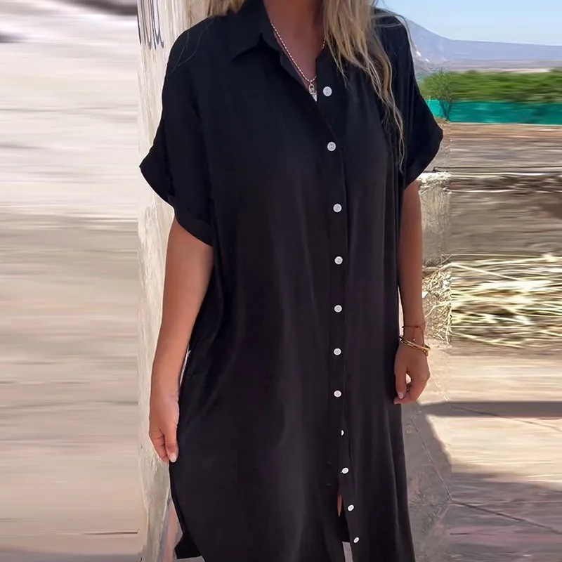

Women 2024 Casual Short Sleeve Loose Maxi Dress Female Simple Butted Party Dress New Elegant Turn-down Collar Long Shirt Dress