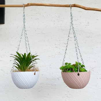 Woven Hanging Planter with Metal Hook & Drainage Tray - Chain-Hung Decorative Basket for Indoor Plants