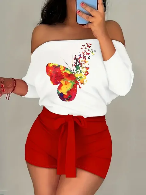 Plus Size 1XL-5XL Women's Fashion  Print Two Piece Set Outfit & Shorts Outfit Ladies Casual Shoulder-Baring T-Shirt