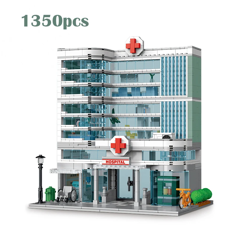 City Hospital Toy Building Set with LED Lighting, Compatible with Lego, Modular Three-Story Architecture Set for Adults, Gift Id