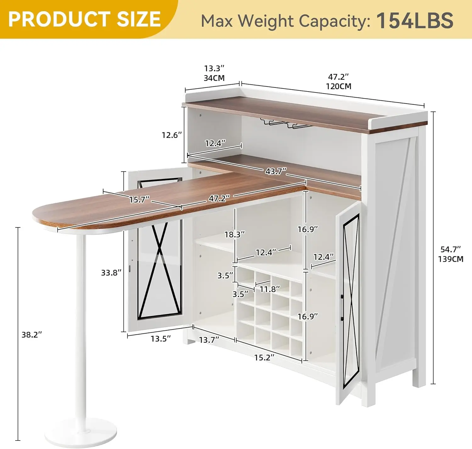 47" Coffee Bar Station w/Bar Table, Wine Racks and Glass Holders, Clear Barn Door, Wood Kitchen Buffet Cabinet w/Storage