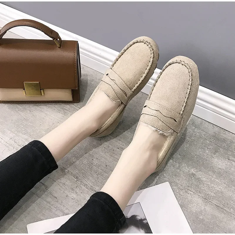Winter Women Shoes Flats Loafers Short Flock Inside Sewing Slip-On Casual Ladies Non-Slip Bottom Warm Female Comfortable Shoes