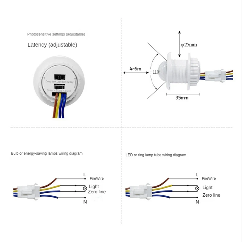 2Pcs 110-220V PIR Sensor Smart Detection Time Delay Adjustable Infrared Induction