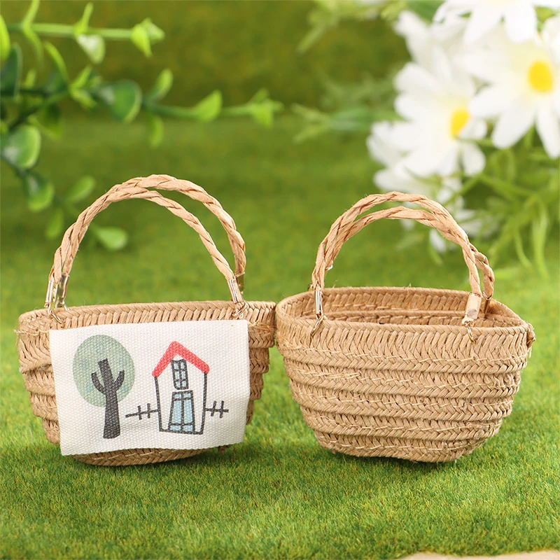 

1/12 Dollhouse Woven Storage Basket Straw Handbags Dollhouse Weaving Beach Bag For Dolls Miniature Decoration
